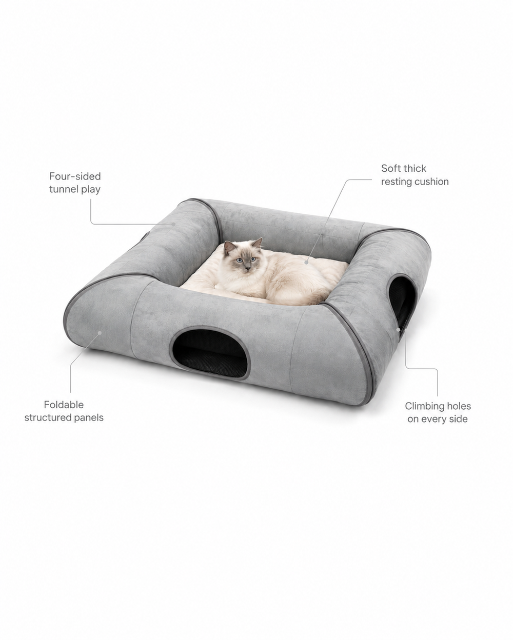 Foldable gray cat tunnel bed feature callouts showing two entrances, breathable mesh panels, foldable panels, and a thick cushion