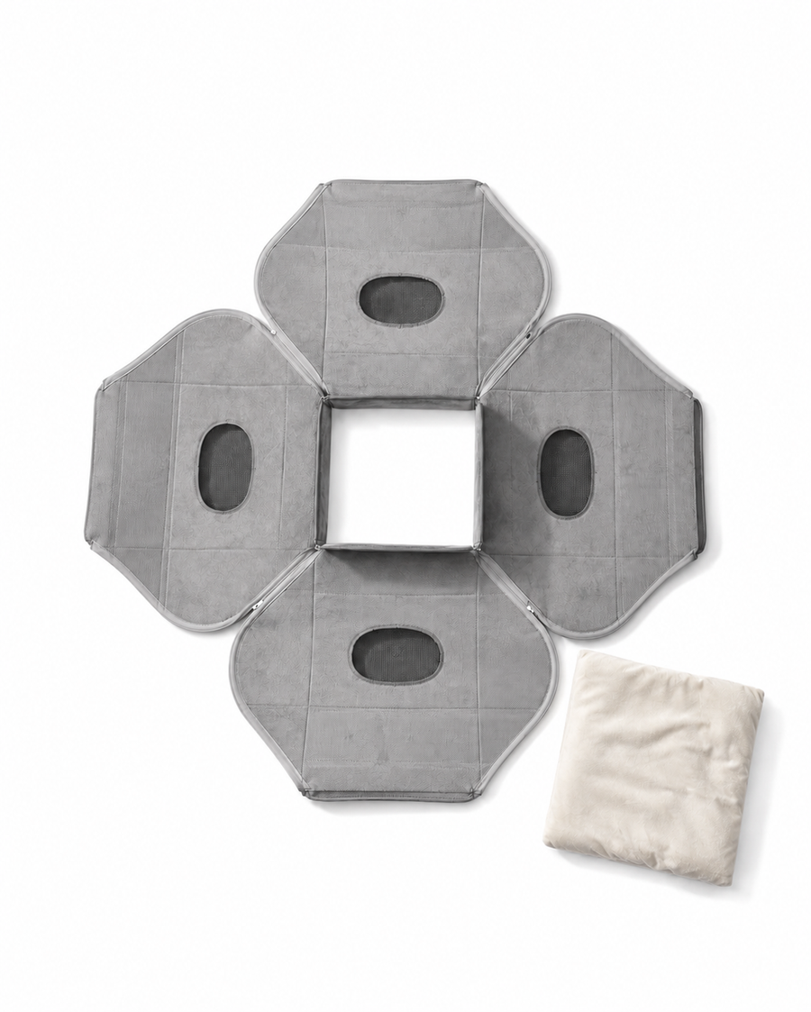 Four foldable gray cat tunnel panels laid out for assembly