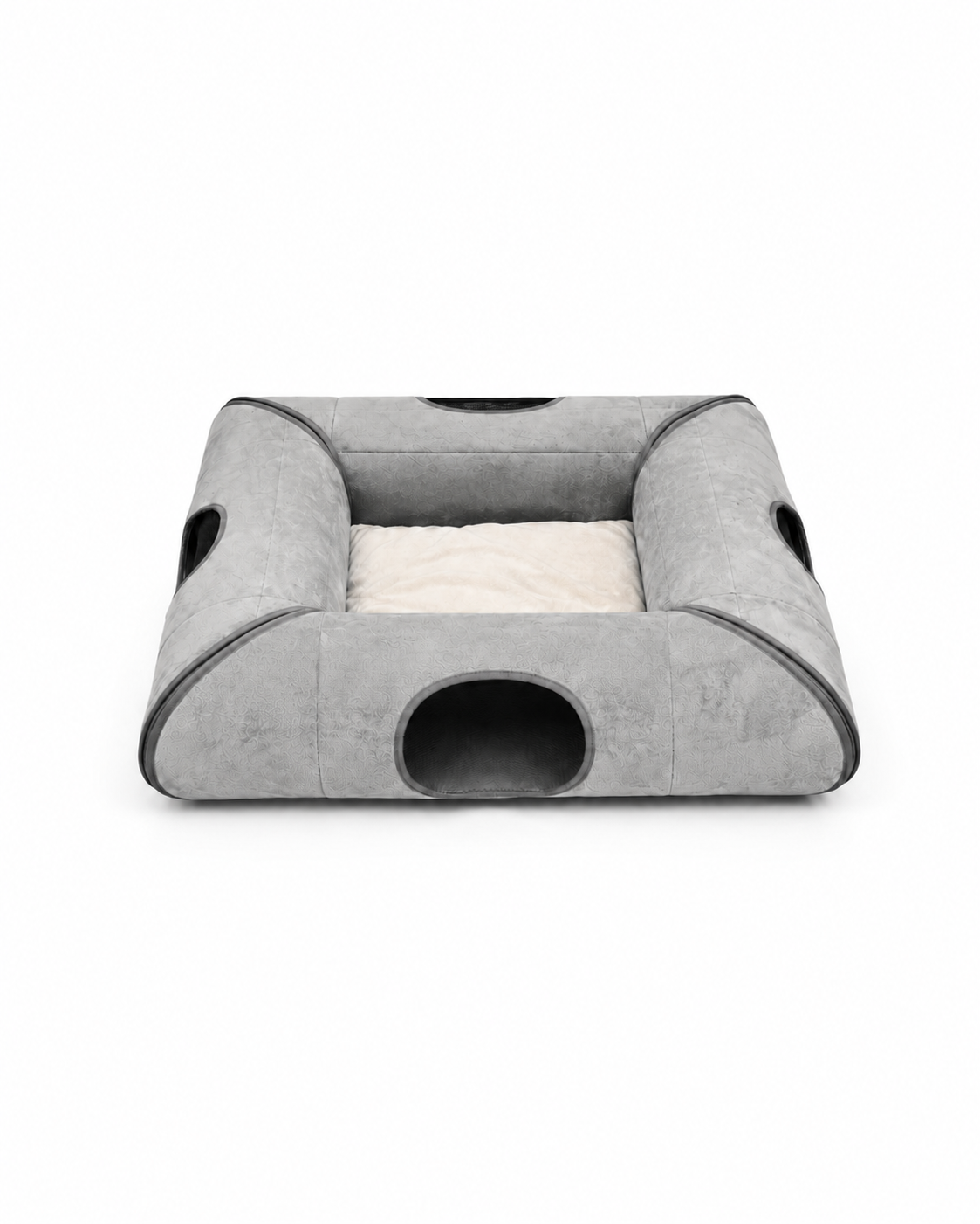 Gray foldable cat tunnel bed with two opposite entrances, two breathable mesh panels, and a soft center cushion