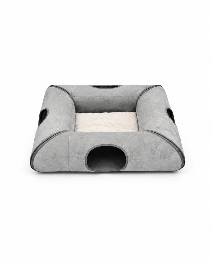 Gray foldable cat tunnel bed with two opposite entrances, two breathable mesh panels, and a soft center cushion