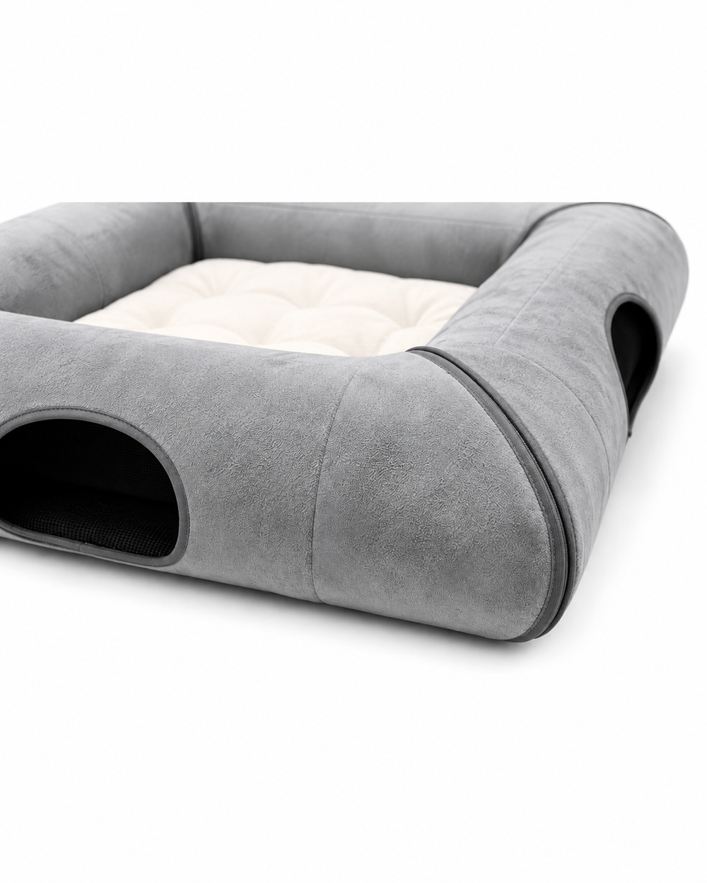 Close-up of gray foldable cat tunnel bed plush fabric, rounded entrance, zipper edge, and thick cushion