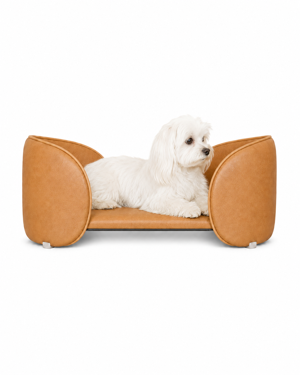 Henry Pet Sofa Bed in Camel Tan with a white dog lounging on the cushion