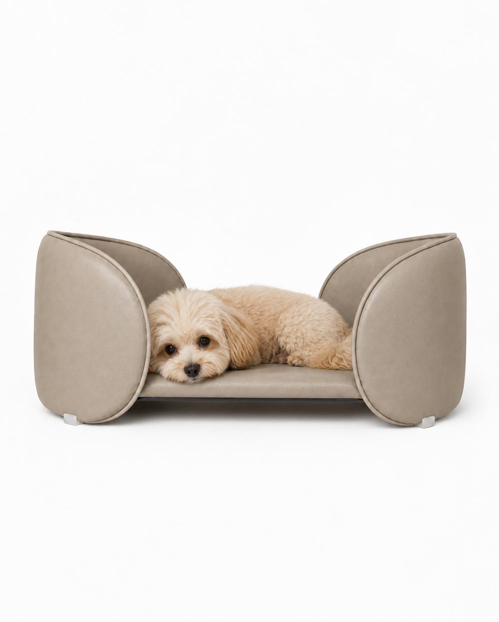 Henry Pet Sofa Bed in Warm Beige with a small dog lying across the cushion