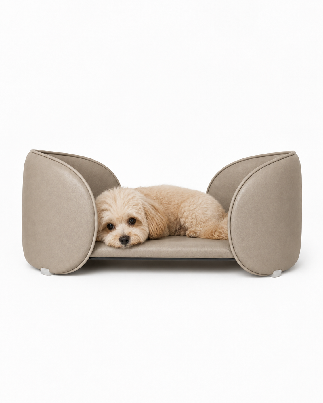 Henry Pet Sofa Bed in Warm Beige with a small dog lying across the cushion