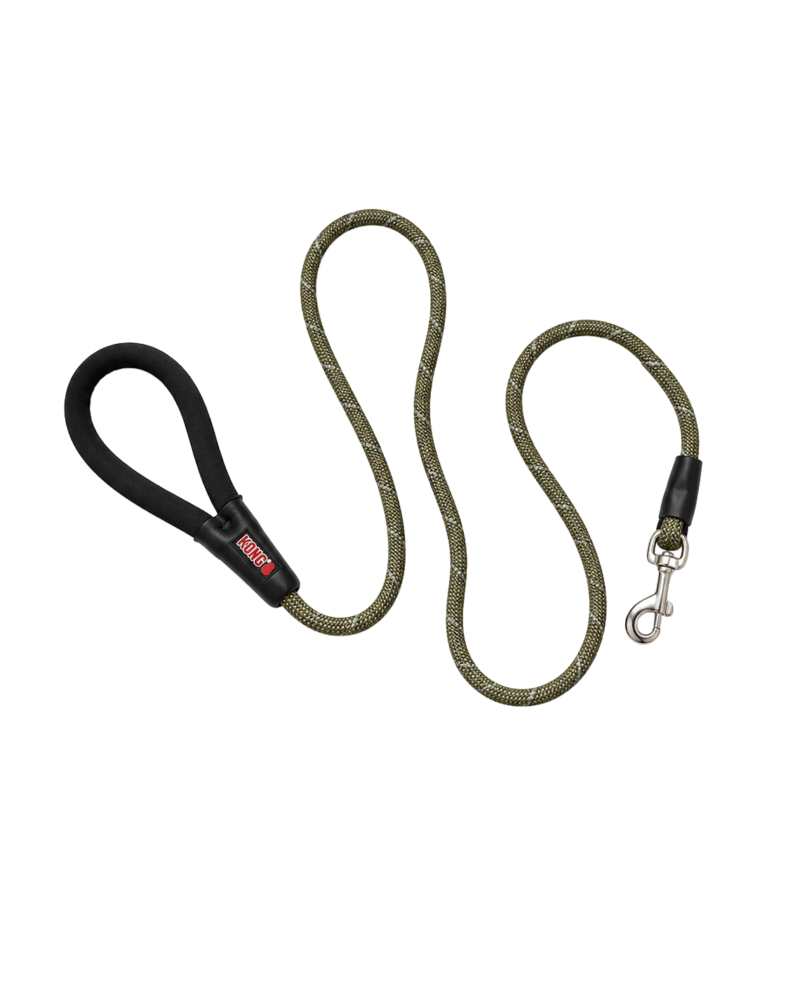 Olive rope dog leash with padded black handle and metal clasp