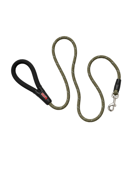 Olive rope dog leash with padded black handle and metal clasp